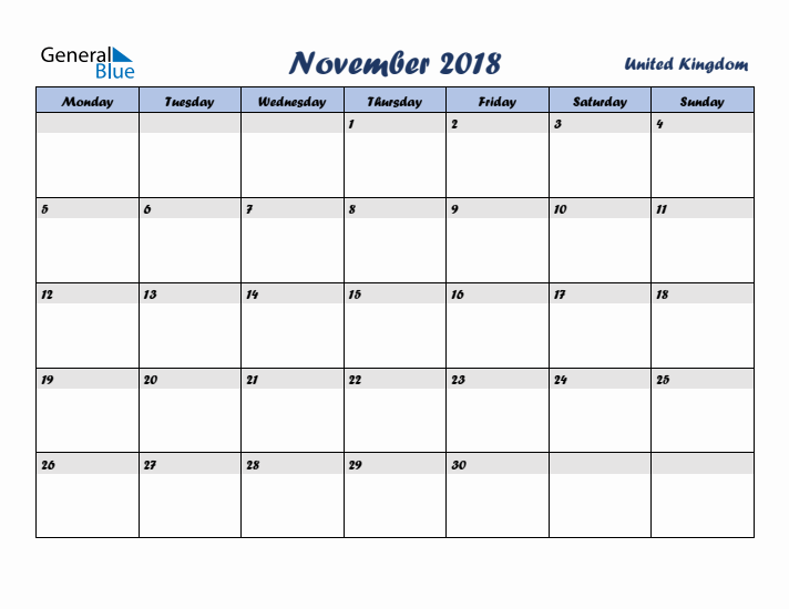 November 2018 Calendar with Holidays in United Kingdom