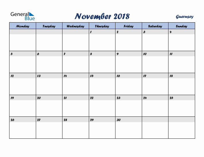 November 2018 Calendar with Holidays in Guernsey
