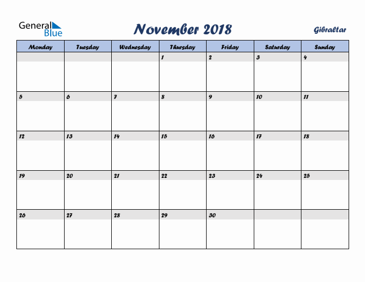 November 2018 Calendar with Holidays in Gibraltar