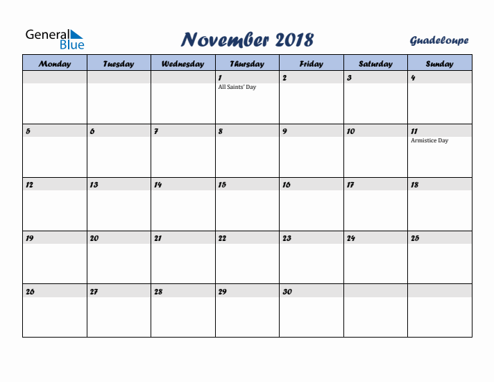 November 2018 Calendar with Holidays in Guadeloupe