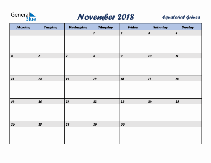 November 2018 Calendar with Holidays in Equatorial Guinea