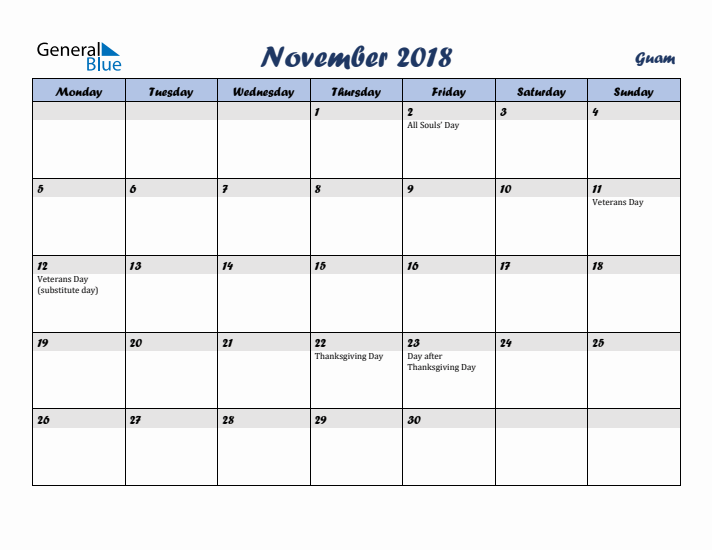 November 2018 Calendar with Holidays in Guam