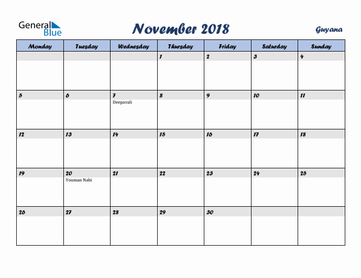 November 2018 Calendar with Holidays in Guyana