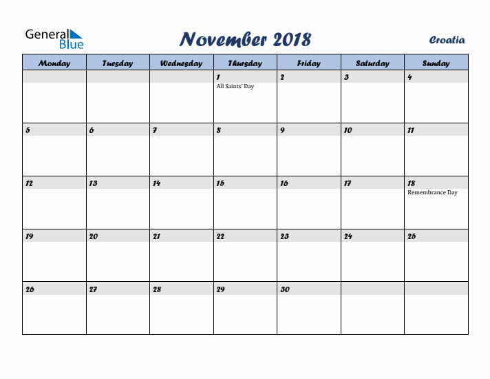 November 2018 Calendar with Holidays in Croatia