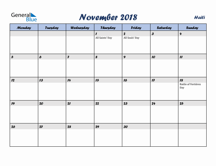 November 2018 Calendar with Holidays in Haiti
