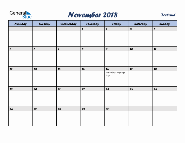November 2018 Calendar with Holidays in Iceland