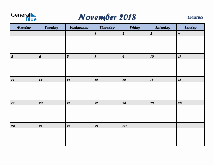 November 2018 Calendar with Holidays in Lesotho