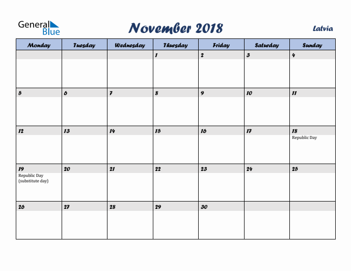 November 2018 Calendar with Holidays in Latvia
