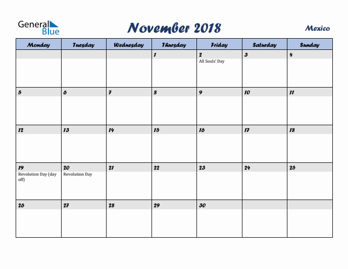 November 2018 Calendar with Holidays in Mexico