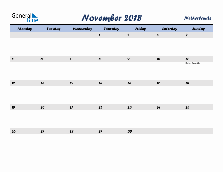 November 2018 Calendar with Holidays in The Netherlands