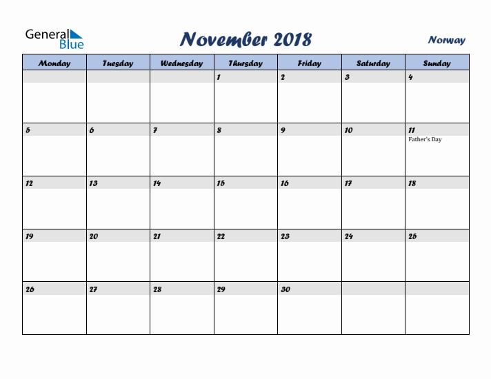November 2018 Calendar with Holidays in Norway