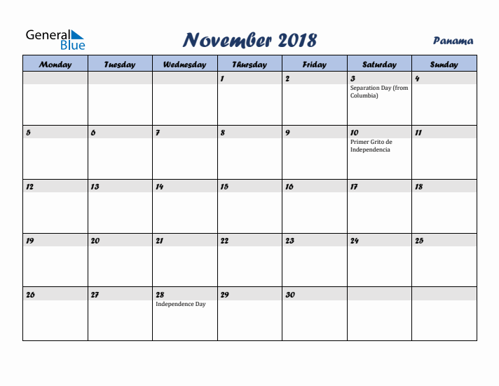 November 2018 Calendar with Holidays in Panama
