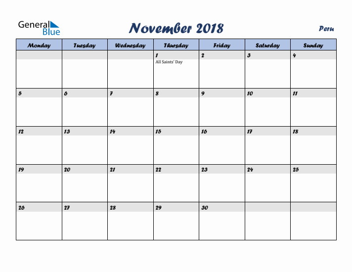 November 2018 Calendar with Holidays in Peru