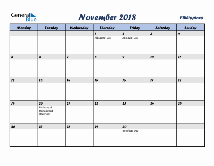 November 2018 Calendar with Holidays in Philippines