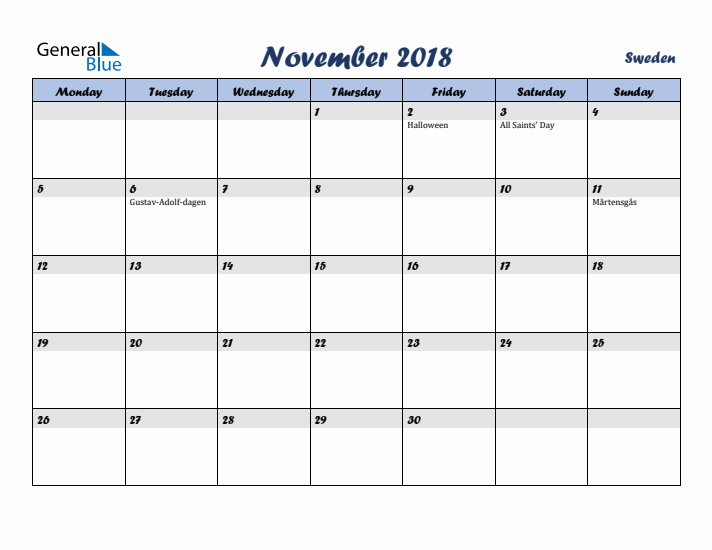 November 2018 Calendar with Holidays in Sweden