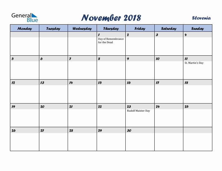 November 2018 Calendar with Holidays in Slovenia