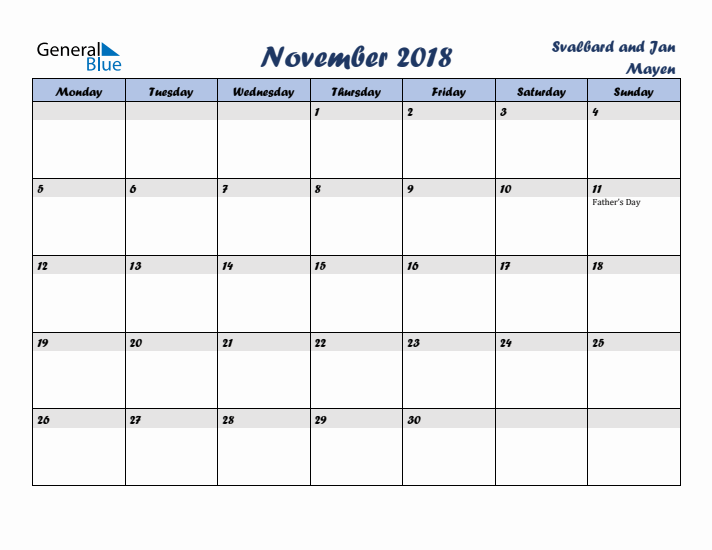 November 2018 Calendar with Holidays in Svalbard and Jan Mayen