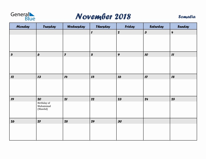 November 2018 Calendar with Holidays in Somalia