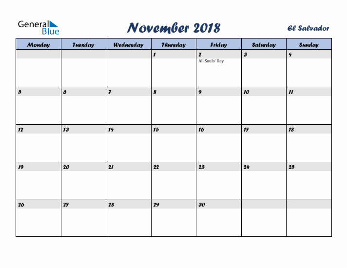 November 2018 Calendar with Holidays in El Salvador