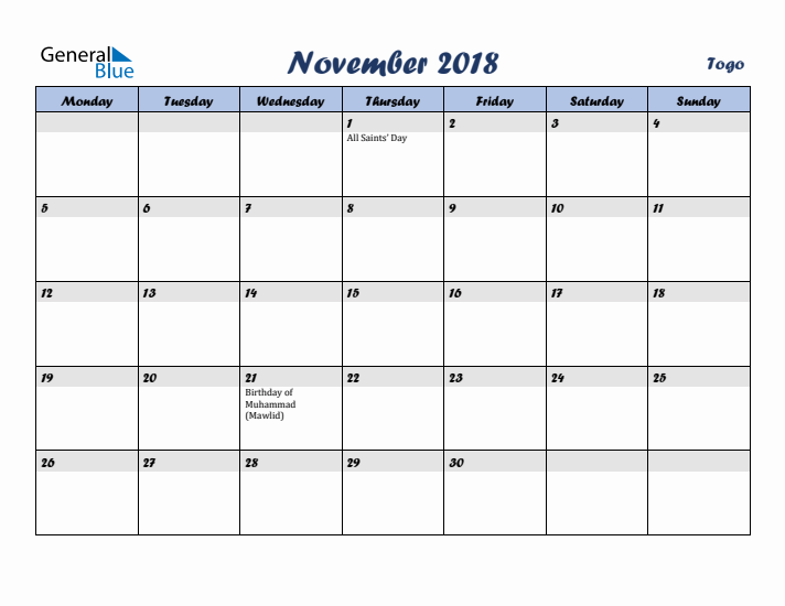 November 2018 Calendar with Holidays in Togo