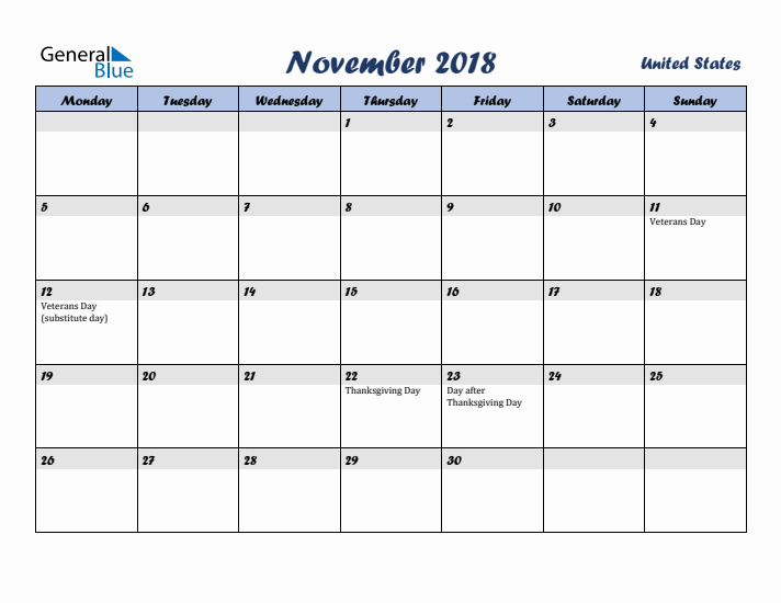 November 2018 Calendar with Holidays in United States