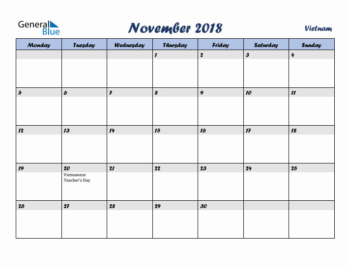 November 2018 Calendar with Holidays in Vietnam