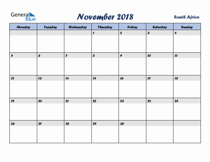 November 2018 Calendar with Holidays in South Africa