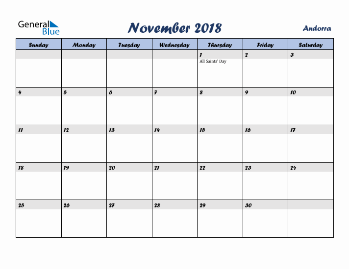 November 2018 Calendar with Holidays in Andorra