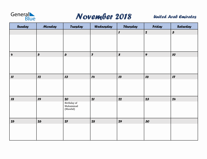 November 2018 Calendar with Holidays in United Arab Emirates