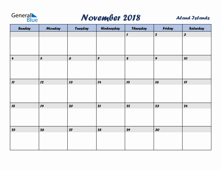 November 2018 Calendar with Holidays in Aland Islands