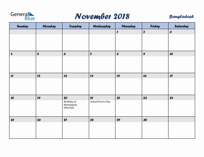 November 2018 Calendar with Holidays in Bangladesh