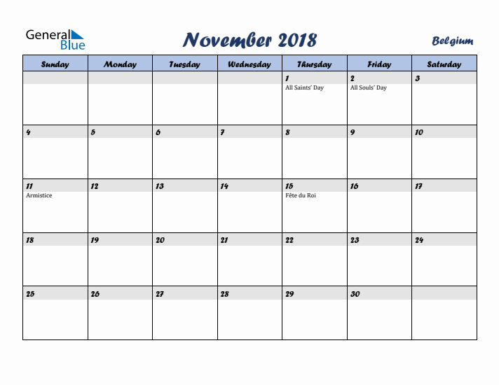 November 2018 Calendar with Holidays in Belgium