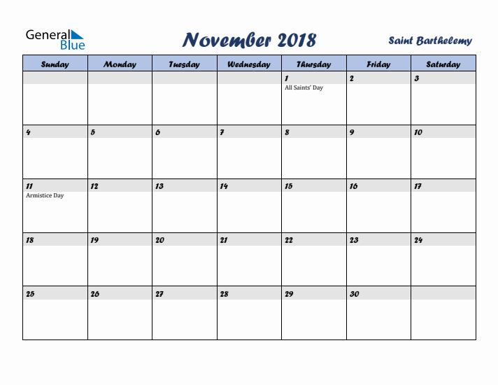 November 2018 Calendar with Holidays in Saint Barthelemy