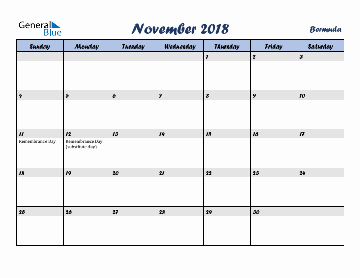 November 2018 Calendar with Holidays in Bermuda