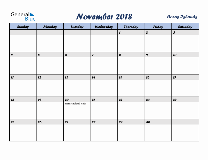 November 2018 Calendar with Holidays in Cocos Islands