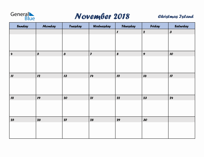 November 2018 Calendar with Holidays in Christmas Island