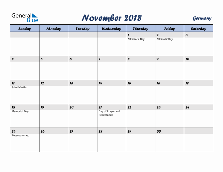 November 2018 Calendar with Holidays in Germany