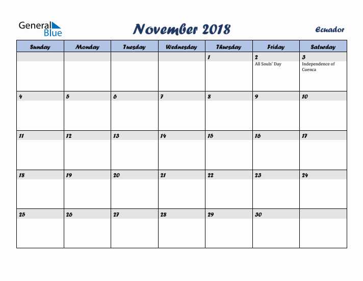 November 2018 Calendar with Holidays in Ecuador