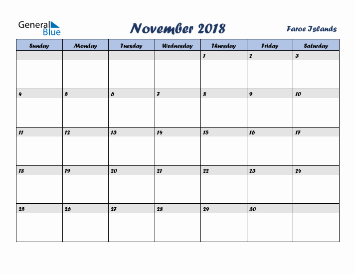November 2018 Calendar with Holidays in Faroe Islands