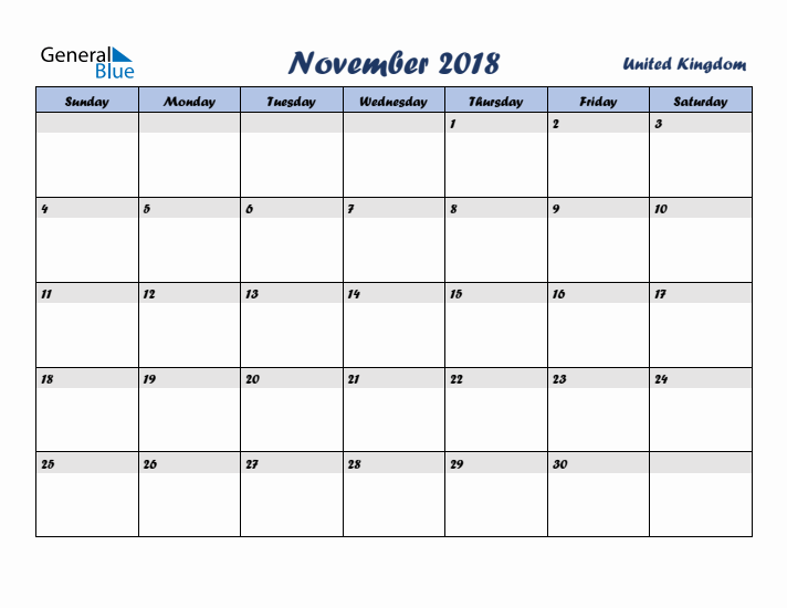 November 2018 Calendar with Holidays in United Kingdom