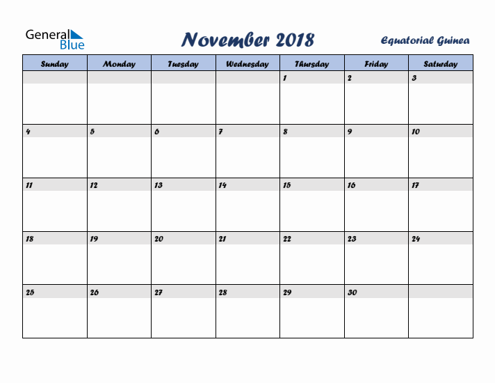 November 2018 Calendar with Holidays in Equatorial Guinea