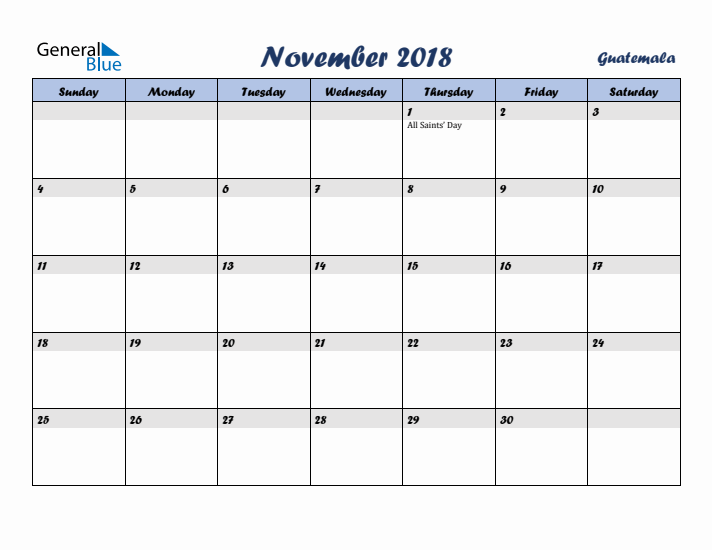November 2018 Calendar with Holidays in Guatemala