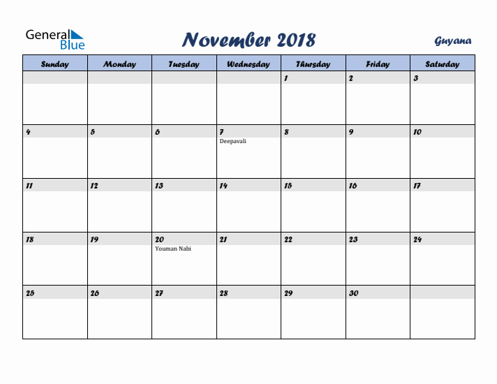 November 2018 Calendar with Holidays in Guyana