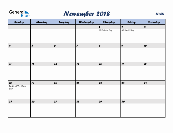 November 2018 Calendar with Holidays in Haiti