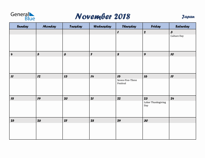 November 2018 Calendar with Holidays in Japan