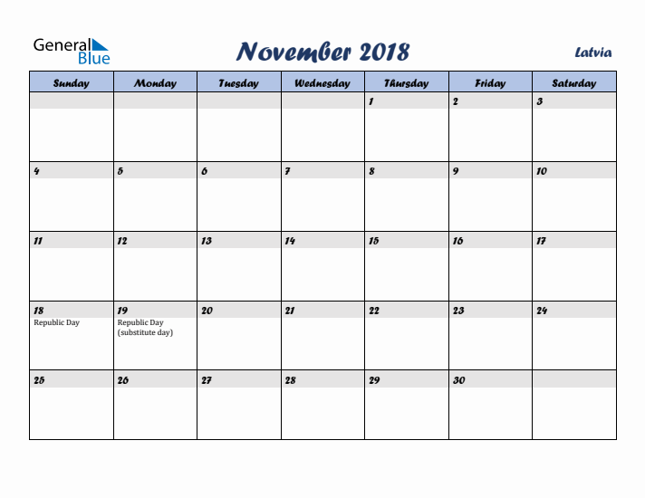 November 2018 Calendar with Holidays in Latvia