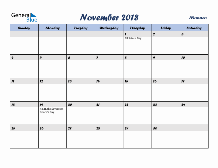 November 2018 Calendar with Holidays in Monaco
