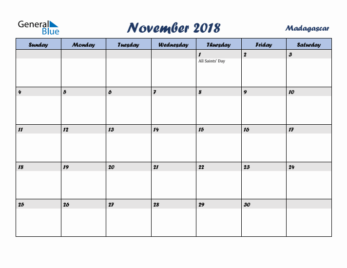 November 2018 Calendar with Holidays in Madagascar