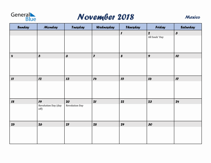 November 2018 Calendar with Holidays in Mexico