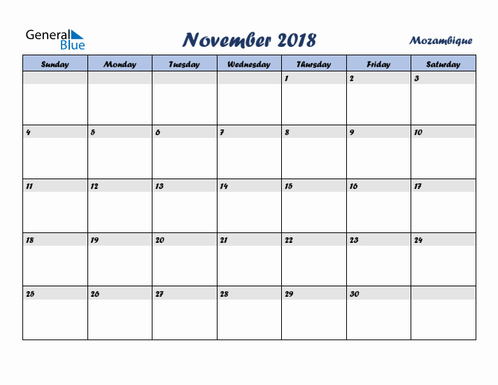 November 2018 Calendar with Holidays in Mozambique